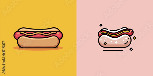 Two hot dog illustrations are displayed against bright backgrounds. One features classic toppings on a yellow backdrop, while the other showcases a playful style on a pink background.