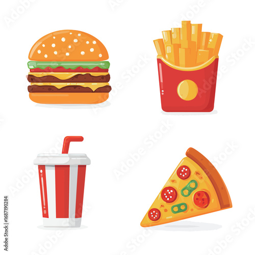 A variety of fast food items are showcased, featuring a burger with layers, crispy fries in a red container, a soda with a straw, and a slice of pizza topped with pepperoni and vegetables.