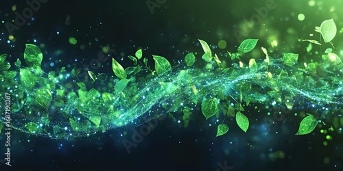 Abstract green energy leaves background with glowing particles and light effects on a dark