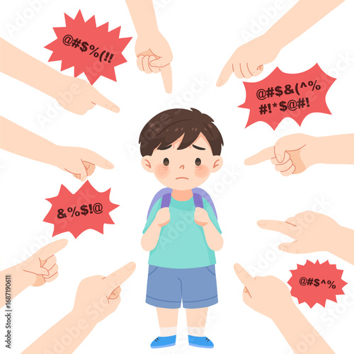 Sad Boy Bullied at School - Child Harassment and Bullying Concept Vector Illustration.eps