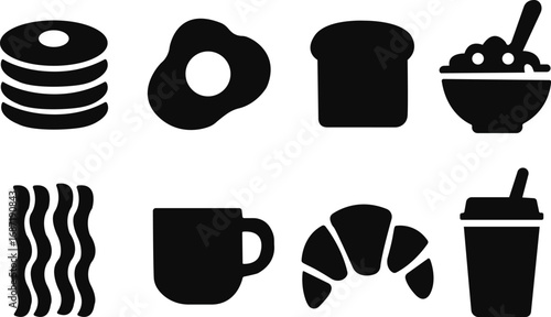 
Breakfast Icons set, Fried egg, Delicious breakfast menu with pancakes, waffle, toasted bread, croissant, bacon, sausage, coffee and orange juice, Croissant pastry,pancakes icon vector,