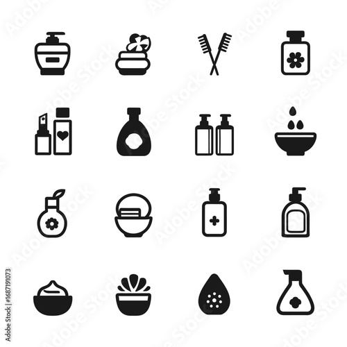 Various skincare and beauty icons display a range of products including lotions, creams, and perfumes in a sleek, minimalist style suitable for a modern aesthetic or brand.