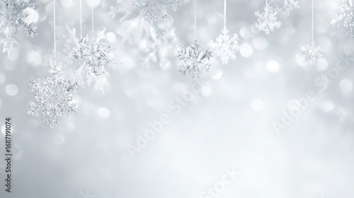 Graceful Christmas Setting with Silvery Snowflakes and Subtle Bokeh Lighting, Exuding a Luxurious Festive Elegance, Clean and Minimalist Style.