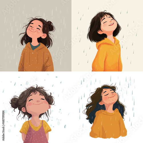 Four girls exhibit cheerful expressions while experiencing gentle rain. They wear colorful outfits and stand outdoors, embracing the playful atmosphere.