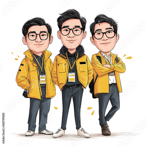 Three young adults wearing matching yellow jackets stand together, smiling confidently. Their varied poses and cheerful expressions reflect camaraderie and enthusiasm in a casual setting.