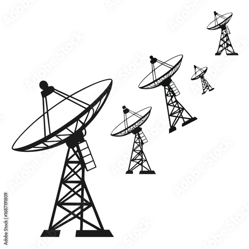 A cluster of black satellite dishes on tall metal towers are arranged in a diagonal line across a clean white background representing communication and technology