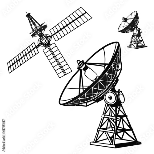 A satellite dish array and a space satellite with solar panels are depicted in a stylized black and white illustration against a clean white background