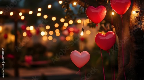 Intimate backyard wedding romantic outdoor ceremony. Romantic evening setting with heart-shaped balloons and soft glowing lights