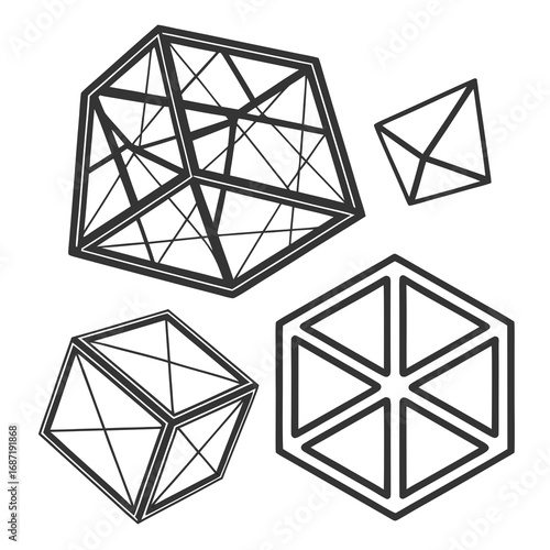 A collection of abstract geometric wireframe shapes including a cube a hexagonal prism a pyramid and a complex polyhedron against a clean white background