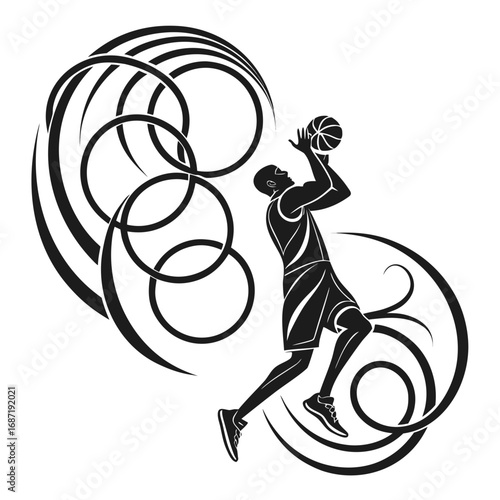 Dynamic silhouette of a basketball player in mid air shooting a ball surrounded by abstract swirling lines and circles creating a sense of motion and energy