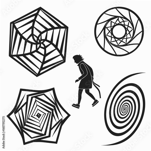 A solitary silhouette of a person walking towards abstract geometric patterns and a swirling vortex representing a journey into the unknown or a mind bending experience