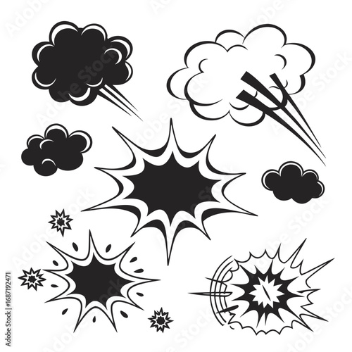 A collection of black and white comic book style sound effect elements including various explosion bursts speed lines and smoke clouds on a plain white background