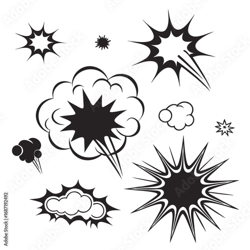 Collection of black and white comic book style explosion and speech bubble sound effects and action elements on a clean white background representing impact and motion