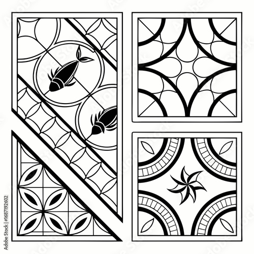 Elegant black and white geometric patterns featuring stylized fish and floral motifs presented in a triptych arrangement for decorative design elements