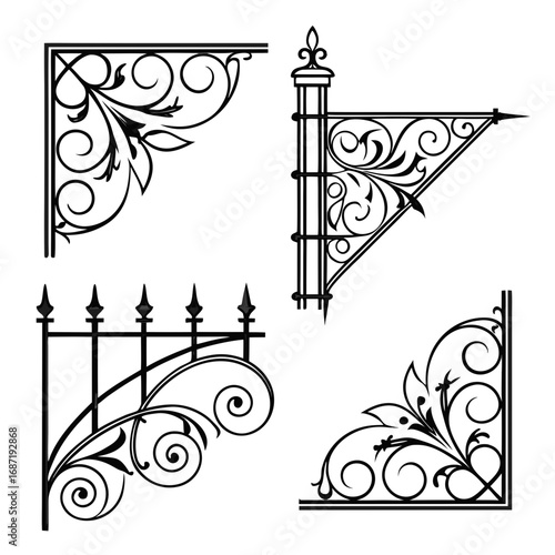 Ornate black wrought iron decorative elements including corner brackets fence sections and a sign holder showcasing intricate scrollwork and floral motifs on a white background
