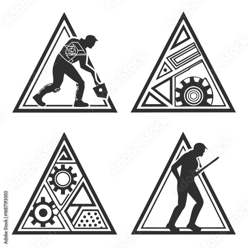 Four triangular icons depicting stylized silhouettes of workers and mechanical components representing industry engineering and construction themes in a modern graphic design style