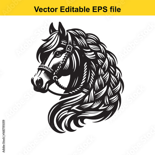Black and white illustration of a horse head with braided mane, isolated on white background