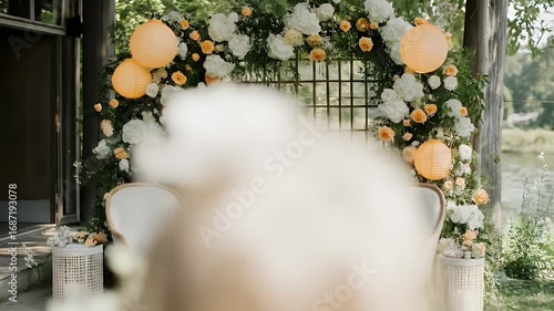 Intimate backyard wedding romantic outdoor ceremony. Elegant wedding ceremony setup with floral decorations and lanterns in a garden