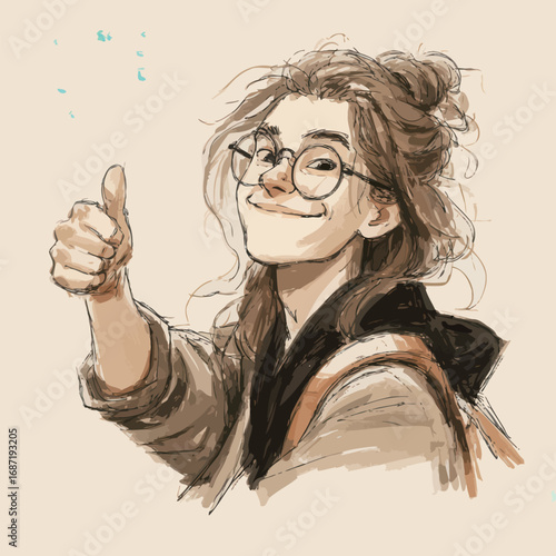 A cheerful young person with glasses and a messy bun gives a thumbs up. They wear a comfortable jacket and have a backpack. The background is softly colored, enhancing a positive vibe.