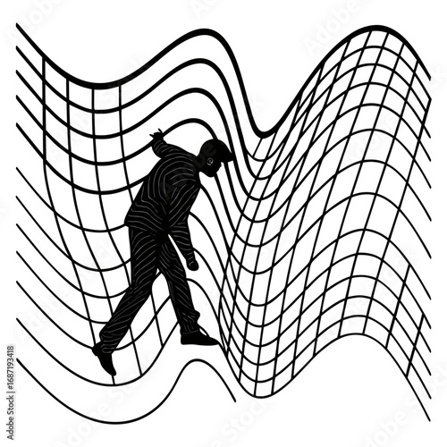 A solitary figure in silhouette navigates a distorted grid suggesting a journey through complex challenges and abstract dimensions