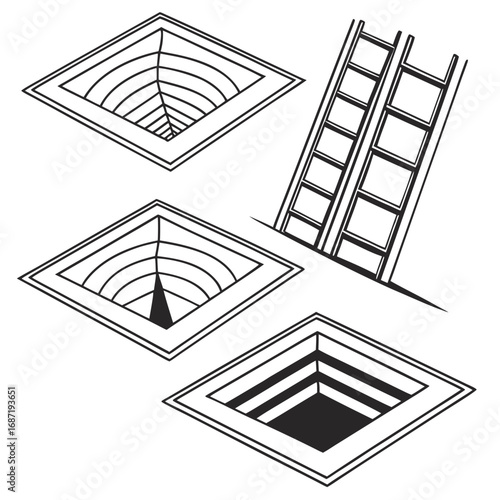 Isometric line art illustration of three square manhole covers with different internal designs and a ladder leaning against a surface representing access points and vertical movement