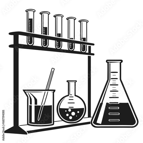 A black and white illustration of various laboratory glassware including test tubes in a rack a beaker with a stirring rod a round bottom flask and an erlenmeyer flask filled with liquid