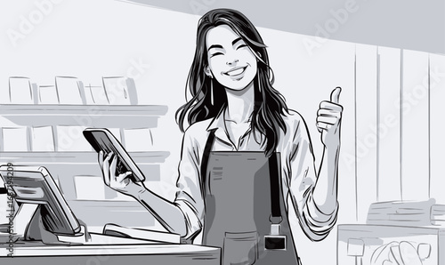 A cheerful customer service representative stands at a counter, holding a phone and giving a thumbs up to express positivity and engagement in a retail setting.