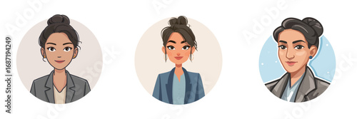 Three illustrations depict a female character in various professional outfits and expressions, embodying confidence and individuality in a business setting.