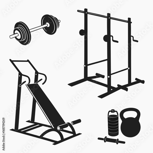 Collection of black silhouette fitness equipment including a barbell squat rack adjustable bench kettlebell water bottle and foam roller for strength training and exercise