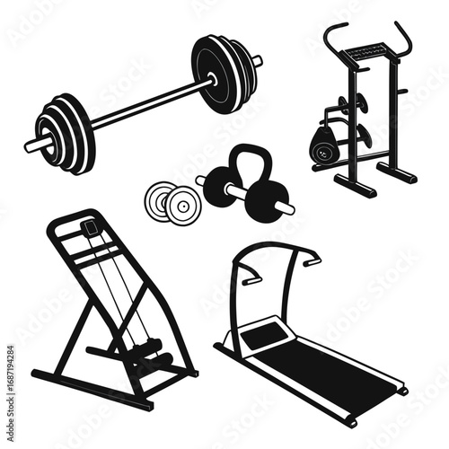 A collection of black and white silhouette illustrations of various gym equipment including a barbell dumbbells kettlebell treadmill inversion table and exercise machine