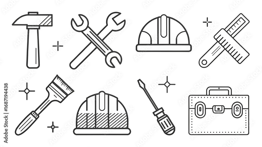 Obraz premium Construction tools and equipment arranged in a pattern on a white background