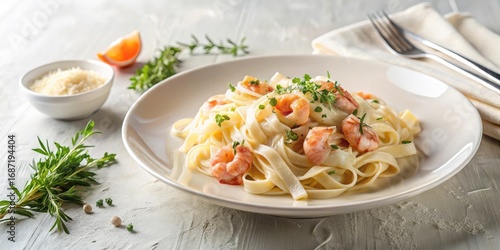 Creamy pasta dish with succulent shrimp and fresh herbs on a plate