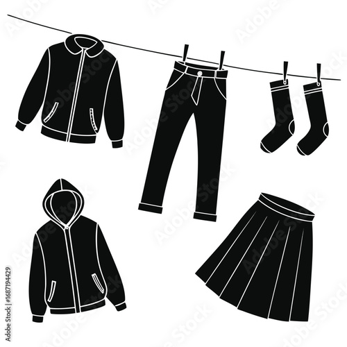 Black silhouette of various clothing items including a jacket hoodie pants skirt and socks hanging on a clothesline against a white background symbolizing laundry and domestic chores