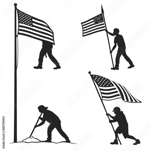 Silhouettes of people raising and holding the american flag symbolizing patriotism freedom and national pride in various poses against a white background