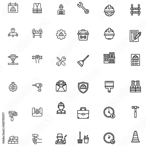 Minimal vector outline icons set for Labor Day and International Workers’ Day. Includes workers, helmets, tools, gears, factories, raised fist, toolbox, and protest banners. Perfect for posters, banne