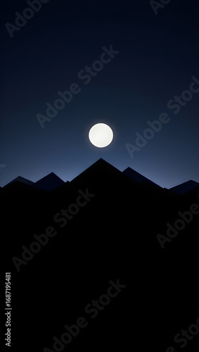 Full Moon Shining Over Silhouette Mountain Peaks at Night dark