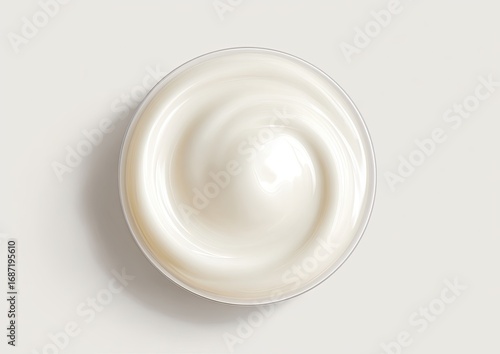 Creamy, smooth, white cosmetic product in a round, clear bowl, swirled in a circular pattern, top-down view. Light gray background