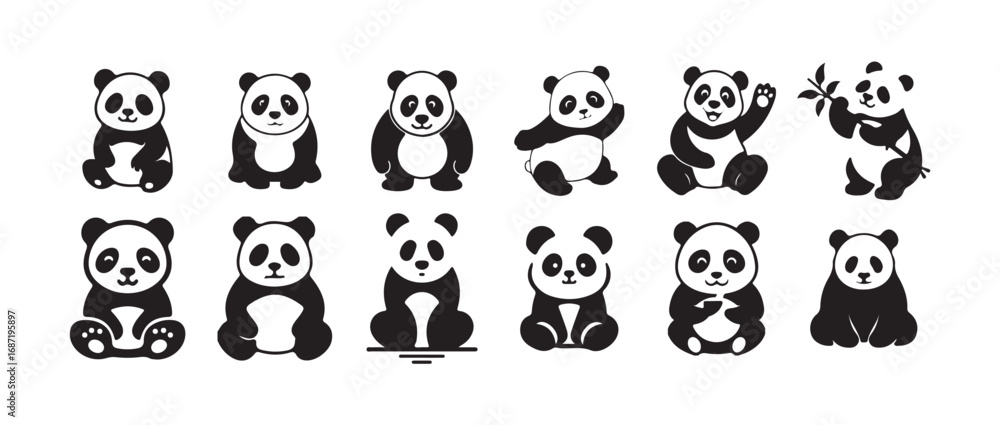 Obraz premium Panda silhouettes set, Panda cartoon vector, panda vector icon, vector silhouette design, isolated white background, vector illustration eps 10.