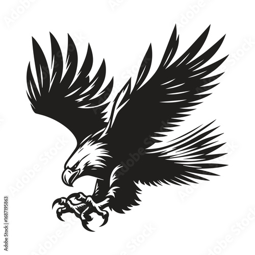 A silhouette bald eagle diving downwards with talons ready catch prey vector illustration