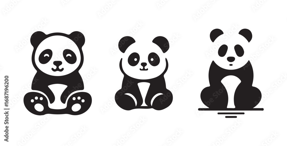 Obraz premium Panda vector icon, Panda icon silhouette set, cute animal vector, black and white background, vector illustration eps 10.