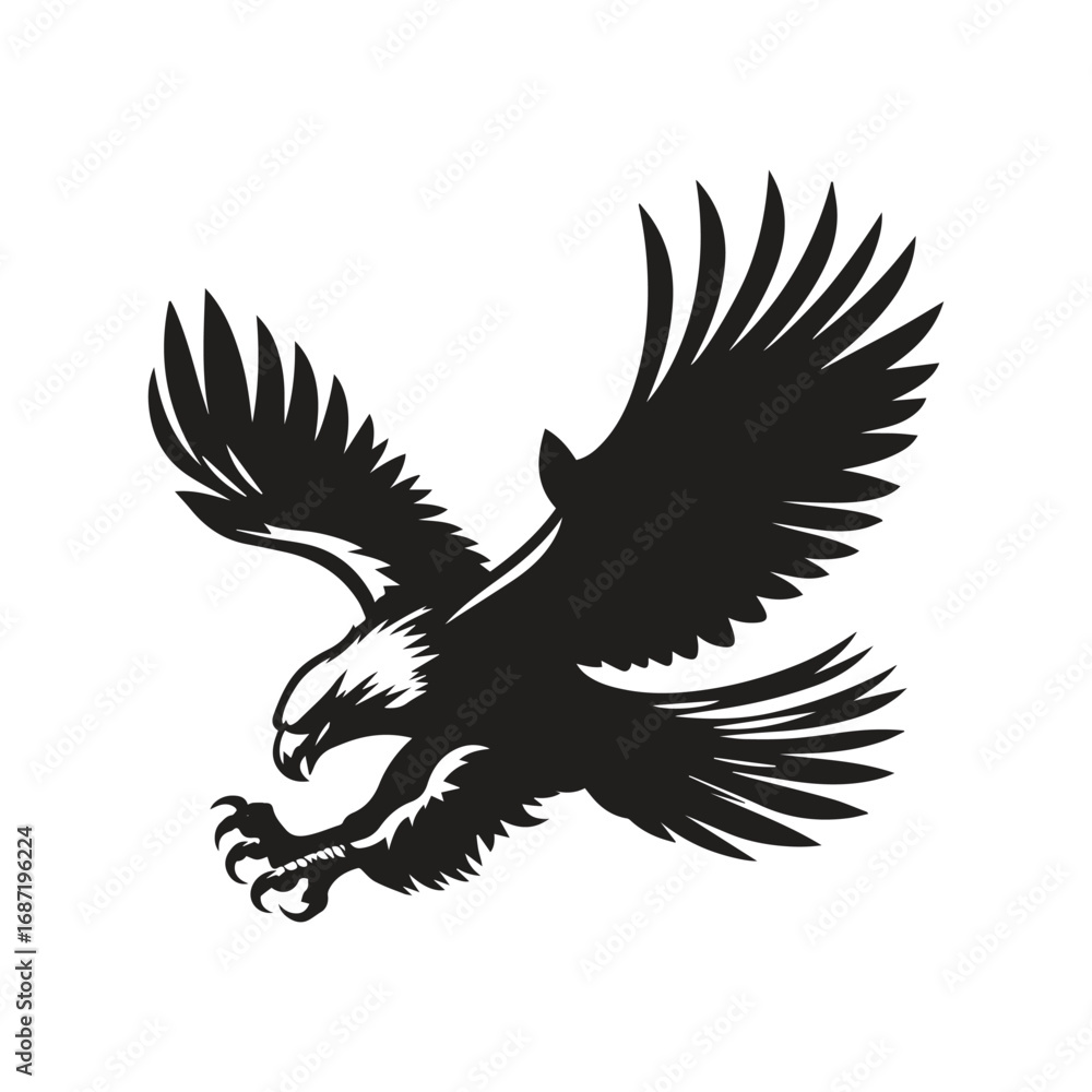 Fototapeta premium A silhouette bald eagle diving downwards with talons ready catch prey vector illustration