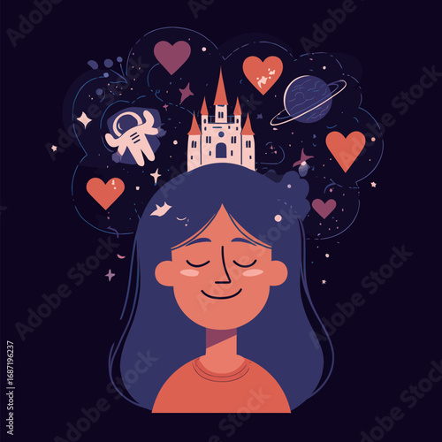 A girl with long dark hair smiles while her eyes are closed, surrounded by imaginative elements like hearts, a castle, and planets. The whimsical design evokes a sense of wonder and creativity.