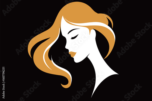 A captivating silhouette of a woman showcases her side profile with flowing golden hair, set against a deep black background, exuding elegance and grace.