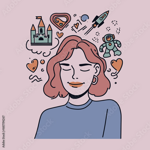 This artwork features a woman with curly hair, eyes closed, reflecting on whimsical dreams represented by colorful icons like castles, hearts, and rockets.