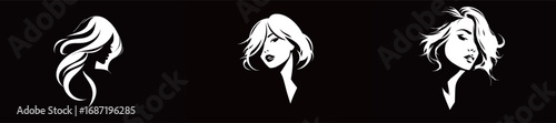 Three elegant silhouettes of women with distinct hairstyles are displayed against a black background, representing beauty and sophistication. Each silhouette has a unique expression and style.
