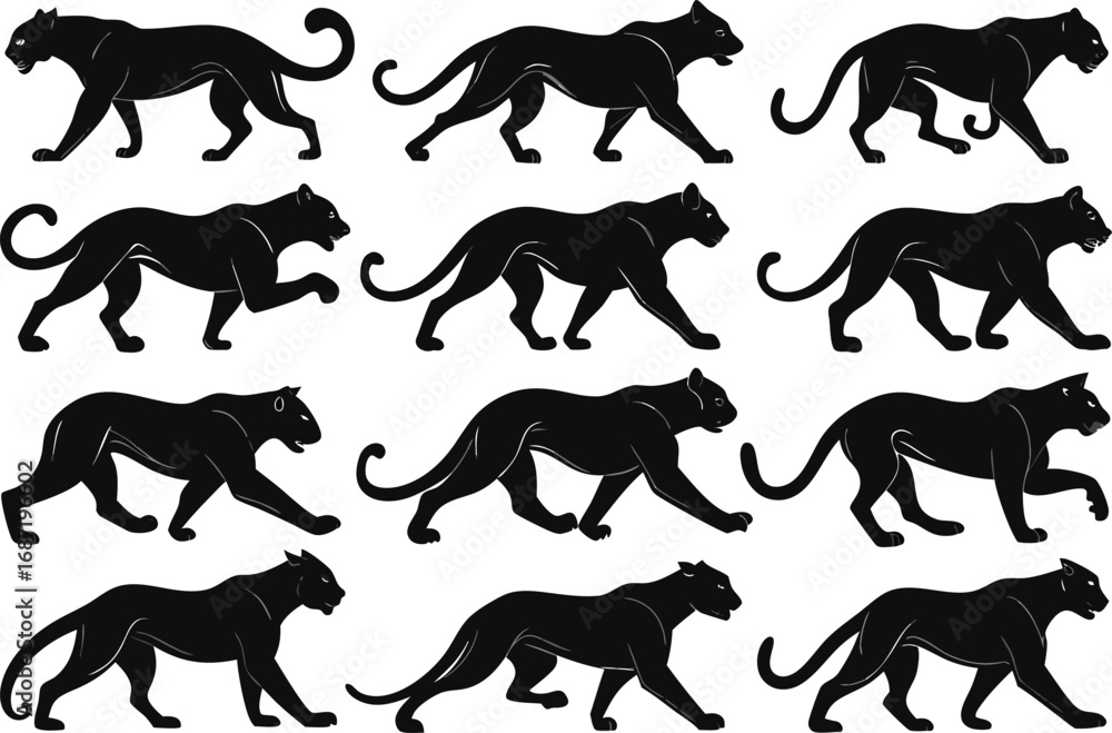 Naklejka premium Dynamic black panthers showcase powerful predatory movements in a stylized graphic collection