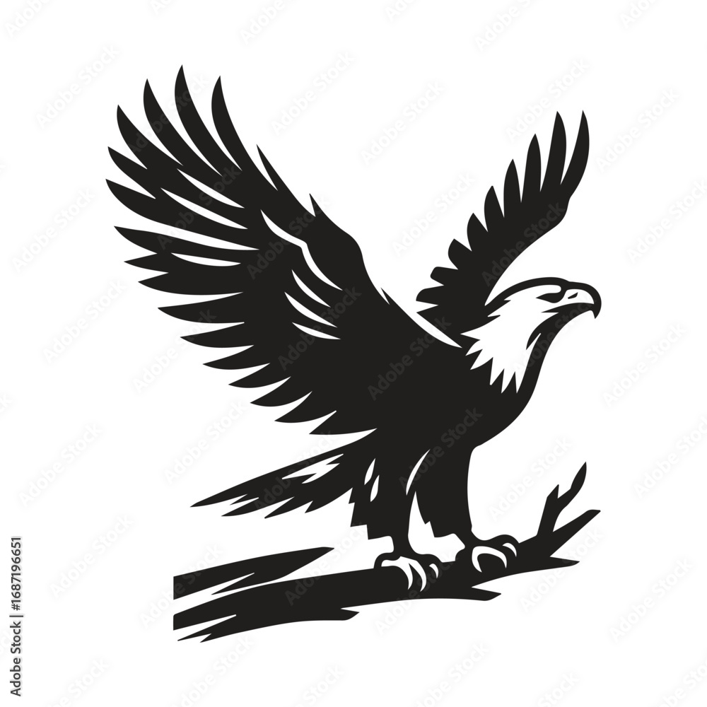 Fototapeta premium A bald eagle standing on a tree branch wings slightly lifted vector illustration