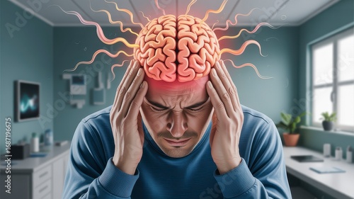 Man with Brain Inflammation or Brainache Conceptual Illustration Headache Conceptualize