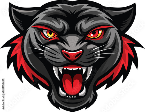 Fierce black panther head roaring with intense red eyes and sharp teeth, perfect for sports logos