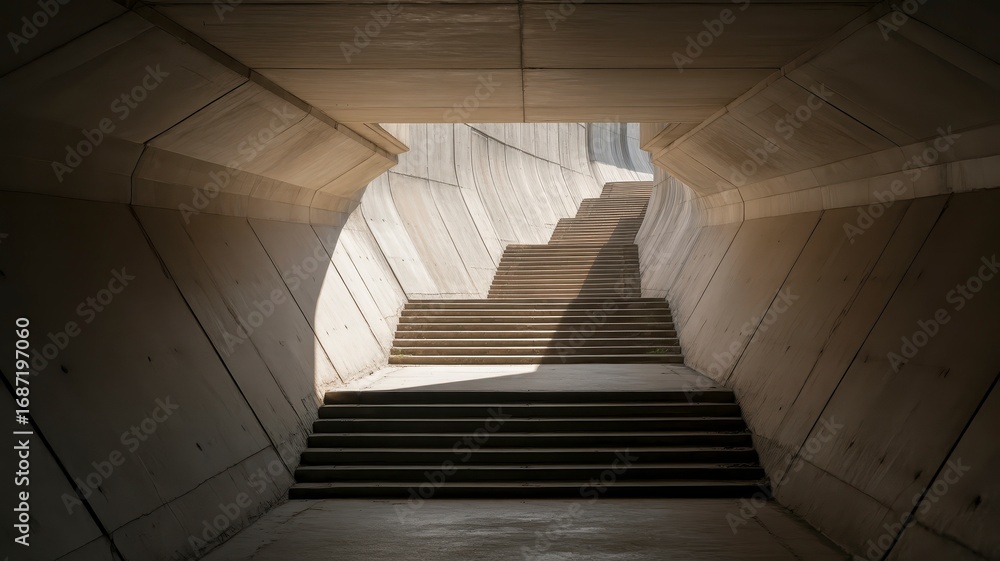 Fototapeta premium Modern Concrete Staircase Architectural Perspective Geometric Design and Sunlit Ascent Concept